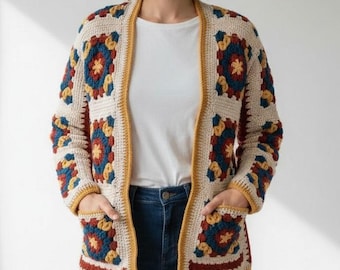 Wzór na szydełkowy kardigan Grandma Square | Sweter w stylu boho patchwork w formacie PDF (do pobrania w wersji cyfrowej)