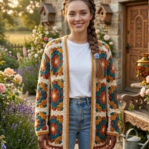 May include: A colorful, open-front crochet cardigan with a floral pattern in shades of teal, orange, and cream. The cardigan is worn over a white t-shirt and blue jeans. The woman is smiling in a garden setting.