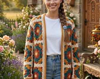 Wzór na szydełkowy kardigan Grandma Square | Sweter w stylu boho patchwork w formacie PDF (do pobrania w wersji cyfrowej)