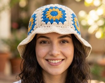 Wzór na szydełkową czapkę babci w kwadraty z motywem stokrotek – boho kapelusz typu bucket hat w formacie PDF (do pobrania natychmiast)