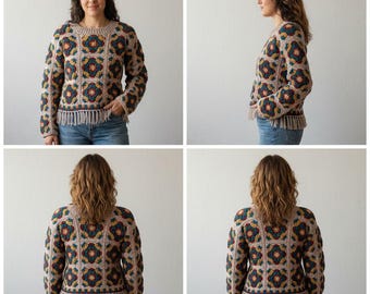 Wzór na sweterek z kwadratowym wzorem babci | Sweter w stylu boho z kwiatowym motywem (plik PDF w wersji cyfrowej)