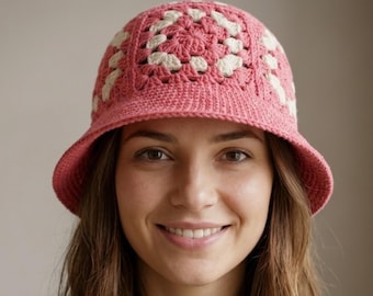 Wzór na szydełkowy kapelusz typu bucket hat z kwadratu babci, letni kapelusz w formacie PDF, prosty samouczek fotograficzny, festiwalowy kapelusz plażowy, kapelusz przeciwsłoneczny Cottagecore, natychmiastowe pobranie