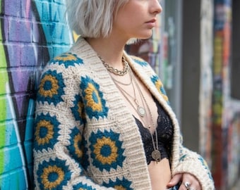 Wzór na szydełkowy kardigan Generacji Z | Wzór na szydełkowy sweter w kwiaty w stylu retro | Wzór na kardigan w stylu boho patchwork | Wzór na szydełkowy PDF