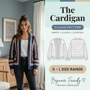 Patrón de cárdigan de ganchillo estilo cuadrado de la abuela: suéter bohemio extragrande, estilo vintage con bloques de color, tallas para mujer XS–3XL, descarga instantánea en PDF.