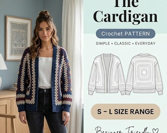 Wzór na szydełkowy kardigan Grandma Square – obszerny sweter w stylu boho, w blokach kolorów w stylu vintage, rozmiary damskie XS–3XL, plik PDF do pobrania natychmiast