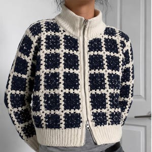 Granny Square Crochet Cardigan Pattern | Zip-Up Cropped Jacket | Navy Checkered Sweater | Easy PDF Download | Cottagecore Crochet Pattern