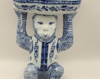Vintage Chinoiserie Porcelain Blue & White Sitting Monkey Catch All Dish 8in