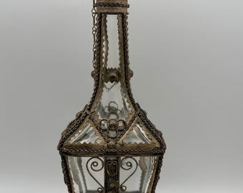 Antique Glass Decanter or perfume bottle with Elaborate Pewter Wire Overlay