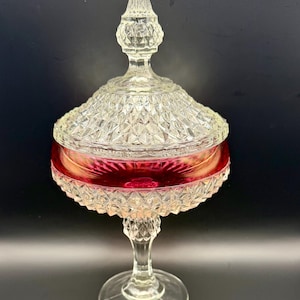 Vintage Indiana Glass Diamond Point Lidded  Candy Dish Ruby Red flash band