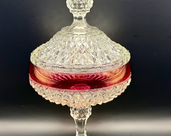 Vintage Indiana Glass Diamond Point Lidded  Candy Dish Ruby Red flash band