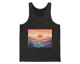 Camiseta sin mangas con paisaje de montaña al atardecer / Camiseta con estampado retro de amanecer