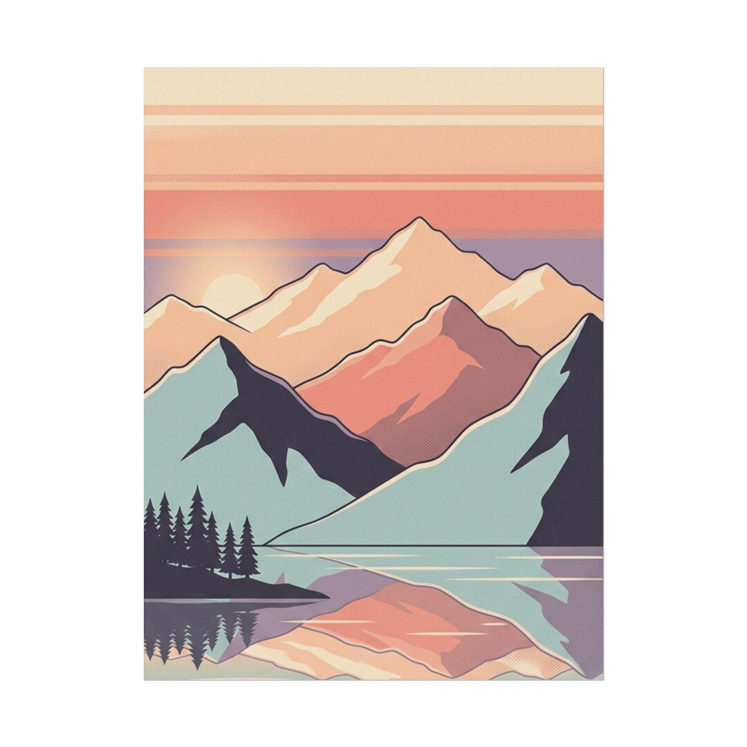 Sunset Mountain Lake Rolled Poster | Retro Landscape Wall Art - Etsy