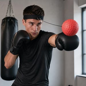 Könnte beinhalten: Eine Person mit einem schwarzen Stirnband und schwarzen Boxhandschuhen trainiert mit einem roten, strukturierten Ball, der mit einer Schnur am Stirnband befestigt ist. Im Hintergrund hängt ein schwarzer Boxsack.