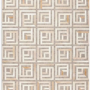 Tappeto patchwork fatto a mano in pelle e jacquard, in vera pelle bovina/viscosa, con motivo geometrico e disponibile in misure personalizzate.