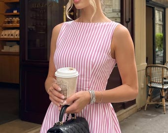 Striped Midi Dress, Women’s  Sleeveless Summer Dress, Pink Blue Gray Vertical Stripe A-Line Dress, Casual Cafe Outfit