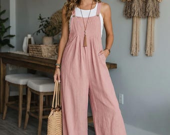 Women’s Cotton Wide Leg Jumpsuit, Loose Fit Summer Overall Romper, Sleeveless Casual Jumpsuit with Pockets, Relaxed Boho Outfit