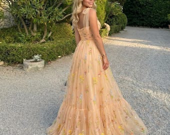 Princess Floral Tulle Dress, Women’s Embroidered Forest Bridesmaid Gown, Sage Green Fairy Maxi Dress, Garden Wedding Guest Dress