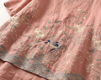 Embroidered Floral Linen Top, Women’s Loose Fit Short Sleeve Blouse, Breathable Linen Feel Summer Shirt, Botanical Embroidery Top