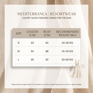 May include: A size chart for resort wear, featuring measurements in centimeters and recommended weights in kilograms. The chart includes sizes S, M, and L, with corresponding bust and length measurements. The text "MEDITERRANEA | RESORTWEAR" is at the top.