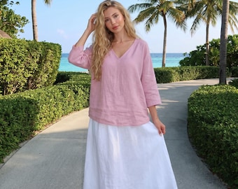 Women’s Cotton Linen V-Neck Blouse – Loose Fit Summer Top, Casual 3/4 Sleeve Linen Shirt, Lightweight Beach Tunic, Relaxed Vacation Clothing