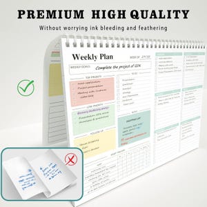 May include: A white spiral-bound weekly planner with a colorful layout. The planner includes sections for weekly goals, top priorities, low priorities, follow-up tasks, notes, and a shopping list. Text on the planner reads "Weekly Plan" and "Premium High Quality."