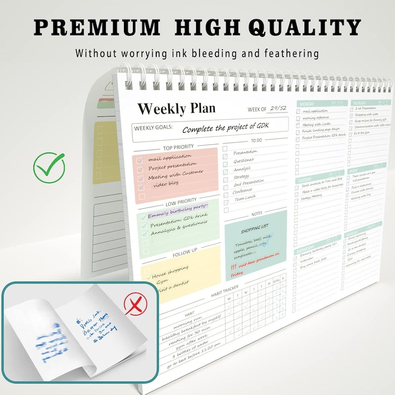 May include: A white spiral-bound weekly planner with a colorful layout. The planner includes sections for weekly goals, top priorities, low priorities, follow-up tasks, notes, and a shopping list. Text on the planner reads "Weekly Plan" and "Premium High Quality."