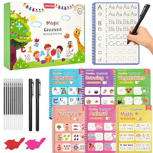 May include: A set of six spiral-bound practice copybooks for children featuring themes of alphabet, drawing, vegetables, numbers, animals, and math. Includes a storage box, two pens, ten ink refills, and two silicone pen grips for writing practice.