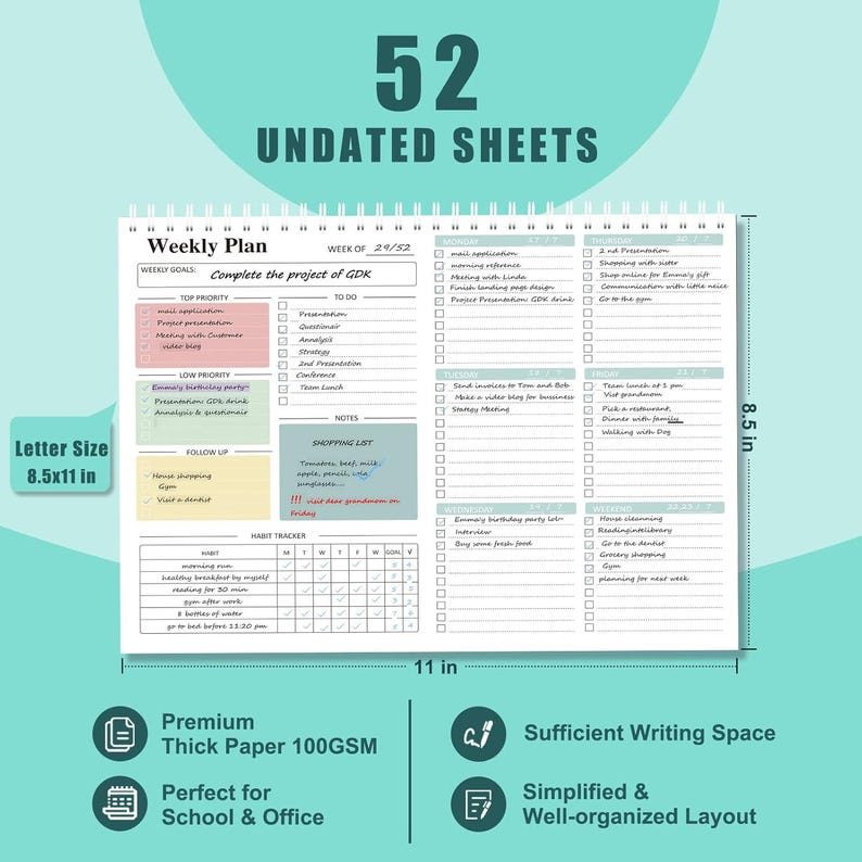 May include: A spiral-bound weekly planner with 52 undated sheets. The planner is 8.5 x 11 inches and features sections for weekly goals, to-do lists, notes, and a habit tracker. The text on the planner includes "Weekly Plan" and "Letter Size".