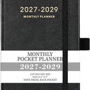 May include: A black textured monthly pocket planner with an elastic closure and pen loop. The cover features gold text reading 2027-2029 MONTHLY PLANNER. A white paper band displays MONTHLY POCKET PLANNER 2027-2029, JAN 2027-DEC 2029, 6.2" x 4", NOTE PAGES, BACK POCKET.