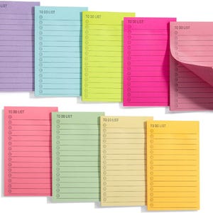 May include: A collection of nine rectangular to-do list notepads in various colors including purple, light blue, lime green, hot pink, coral, light green, and yellow. Each notepad features the printed text TO DO LIST and horizontal lines with circles.