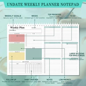 May include: Undated weekly planner notepad with sections for weekly goals, top priorities, and to-do lists. Features a habit tracker, notes section, and low-priority tasks. The notepad is designed for organizing schedules and jotting down notes.