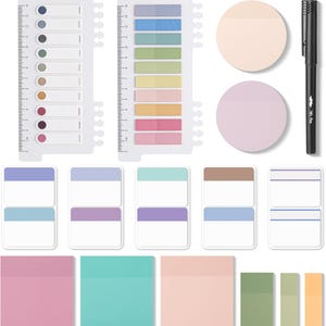 May include: A stationery set including two white plastic cards with integrated 14 cm rulers holding various adhesive tabs, two round sticky notes in peach and lavender, a black pen with the text Mr. Pen, and assorted rectangular sticky notes.