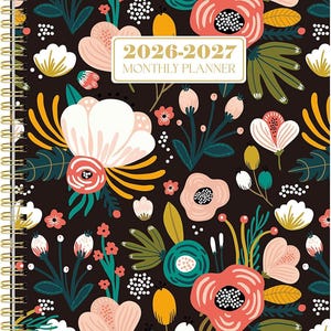 May include: A spiral-bound 2026-2027 monthly planner with a floral design. The cover features a dark background with colorful flowers in shades of pink, white, yellow, and green. The text "2026-2027 MONTHLY PLANNER" is displayed in a gold rectangle.