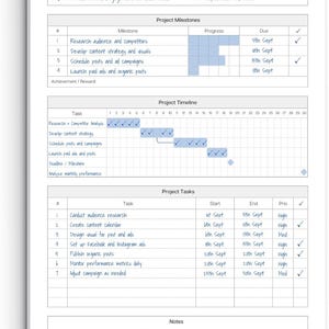 May include: A white project planner sheet with black text and blue accents. It includes sections for project milestones, a timeline with numbered days, a task list with priority levels, and a notes section. The document is titled Project Planner.