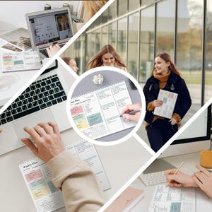 May include: A collage of images featuring people using weekly planner notebooks and a laptop. The notebooks have a spiral binding and colorful sections for tasks. One person is writing in a planner with a pen. Others are using a laptop and looking at a planner.