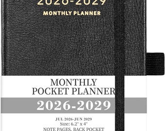Planificador mensual de bolsillo 2026-2029 – Agenda trienal, 15,8 x 10 cm, color negro (notas, bolsillo trasero)