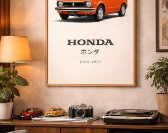 Plakat przedstawiający zabytkowy samochód JDM Civic z 1972 roku