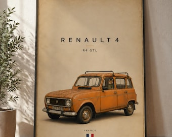 Renault 4 vintageaffisch | Klassisk fransk bilväggkonst | Rustik R4 GTL-tryck