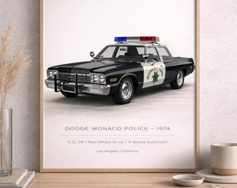 Poster dell'auto della polizia Dodge Monaco del 1974 / Poster da parete di un veicolo di pattuglia d'epoca