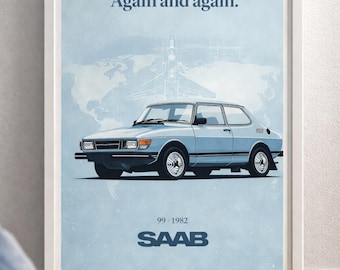 Saab 99 Poster 1982 Hellblauer Vintage Auto Wandkunst