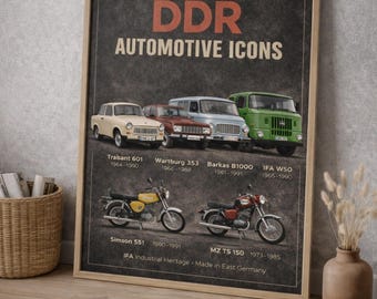Plakat z ikonami motoryzacji NRD – sztuka ścienna z zabytkowymi samochodami i motocyklami z Niemiec Wschodnich