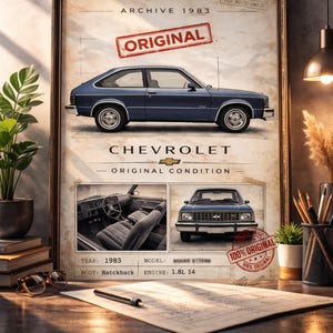 Może przedstawiać: Oprawiony wydruk przedstawiający niebieski samochód Chevrolet z 1983 roku. Wydruk zawiera słowo "ORIGINAL" odbite na czerwono, a także zdjęcia wnętrza i przodu samochodu. Tekst "CHEVROLET" jest wyraźnie widoczny.