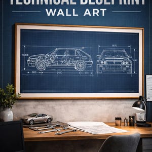 May include: A framed Lancia technical blueprint wall art print. The blueprint is a detailed side and front view of a car on a blue background. The print is displayed on a wooden desk with a model car and tools.