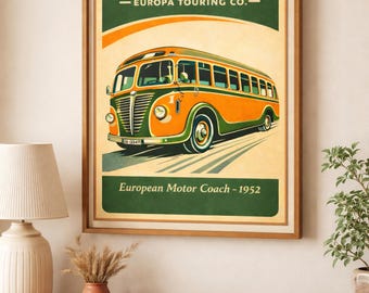 Plakat z autobusem w stylu vintage – sztuka ścienna z podróży w połowie wieku