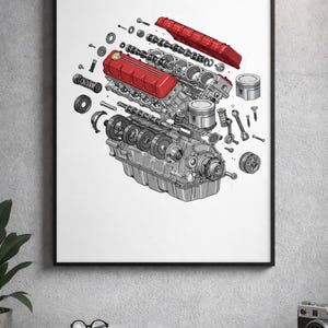 May include: An exploded view illustration of a car engine, showcasing its components. The engine block is gray, with red valve covers. Various parts, including pistons, gears, and bolts, are scattered around the engine, creating a detailed mechanical diagram.