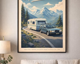Plakat podróżniczy w Alpach Szwajcarskich w stylu vintage – Wycieczka kamperem – sztuka ścienna