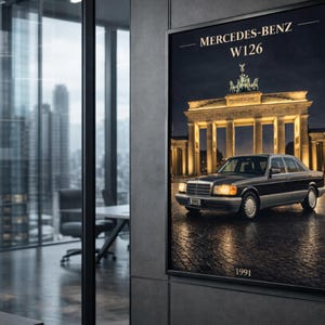 May include: A framed poster featuring a classic Mercedes-Benz W126 sedan in front of the illuminated Brandenburg Gate at night. The poster includes the year 1991 and the Mercedes-Benz logo.