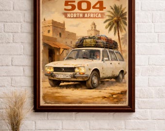 Plakat w stylu vintage z Peugeotem 504 – Sztuka ścienna z motywem samochodu retro
