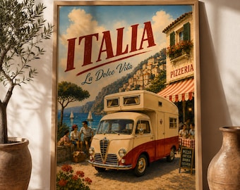 Vintage Italien Reise Poster, La Dolce Vita Camper Druck, Retro Amalfi Küste Dekor