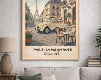 Plakat podróżniczy z Paryża, grafika ścienna z Wieżą Eiffla, wydruk Citroena 2CV